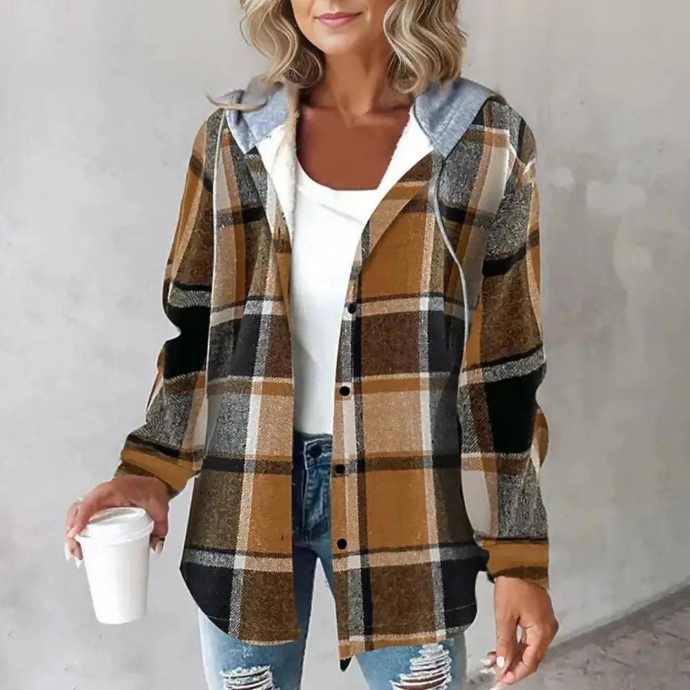 Hooded Women Jacket Plaid Print Drawstring Hoodie Coat for Women Warm Winter Cardigan with Long Sleeves Single-breasted for Wear