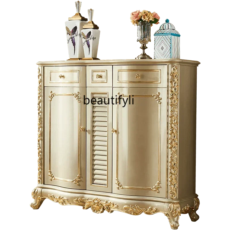 

European Style Villa Double Door Shoe Cabinet Luxury All Solid Wood Carved Hall Cabinet Court Champagne Gold Solid Wood Locker