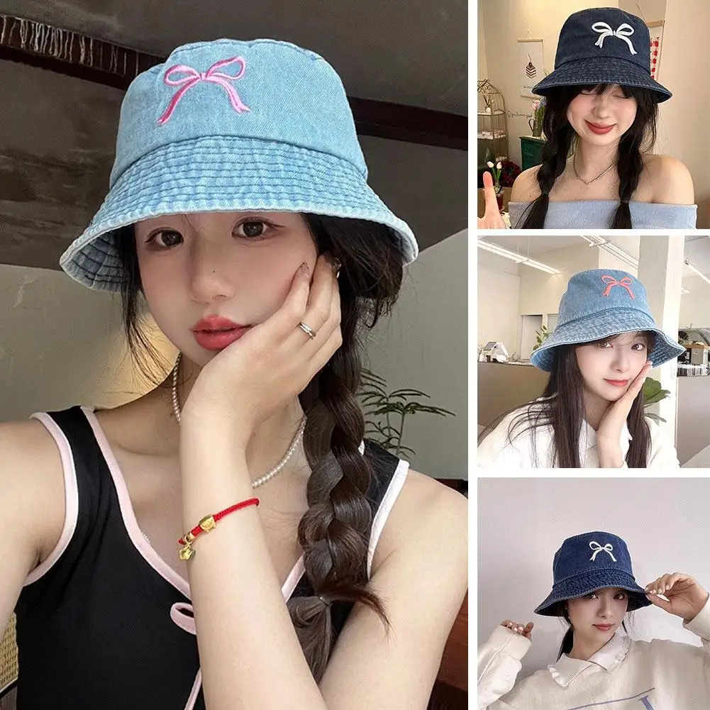 

Bows Denim Bucket Hat Women Wide Brim Sunhat Spring Color Basin Hat Solid Summer Visors Outdoor Fisherman Cap Panama X0e5