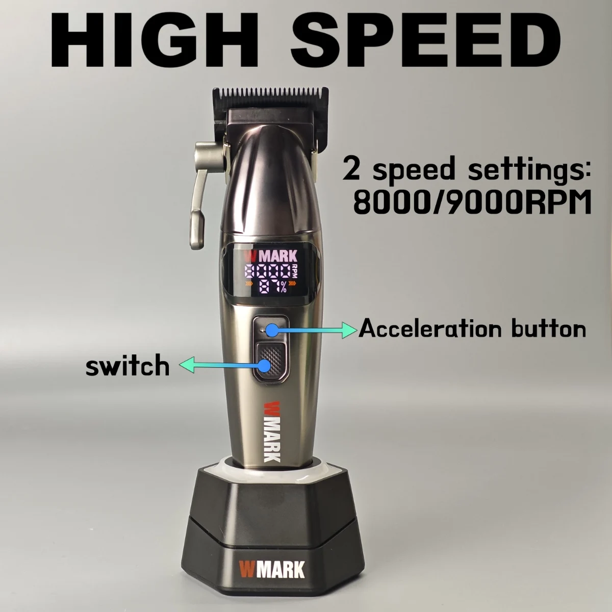 ماكينة قص الشعر الكهربائية الاحترافية WMARK NG 8008 9000 دورة في الدقيقة ماكينة تشذيب الشعر للرجال بقدرة 3200 مللي أمبير في الساعة DLC شفرة منحنية مع قاعدة لصالون الحلاقة #3