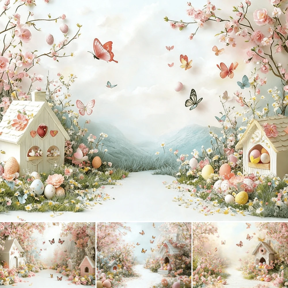 

Spring Easter Photography Background Garden Butterfly Flowers Eggs Theme Kids Birthday Portrait Decor Backdrop Photo Props