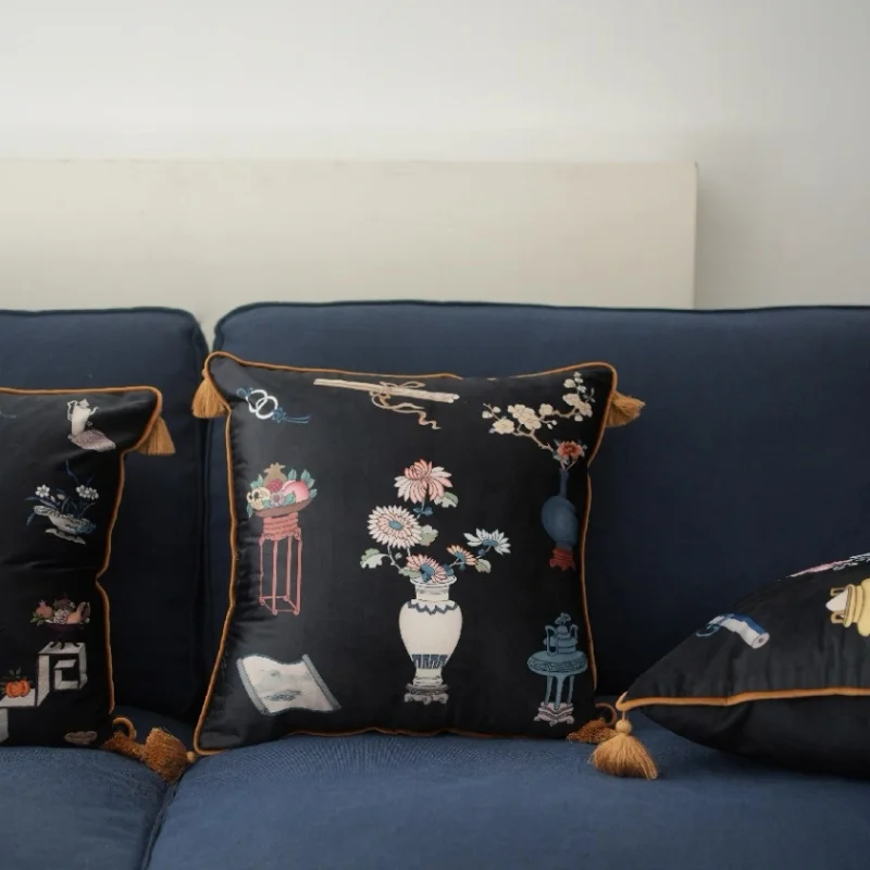 Chinese Porcelain Cushion Case Black Ivory Cushion Case Retro Luxury Decorative Pillow Cover For Sofa Chair Home Decorations