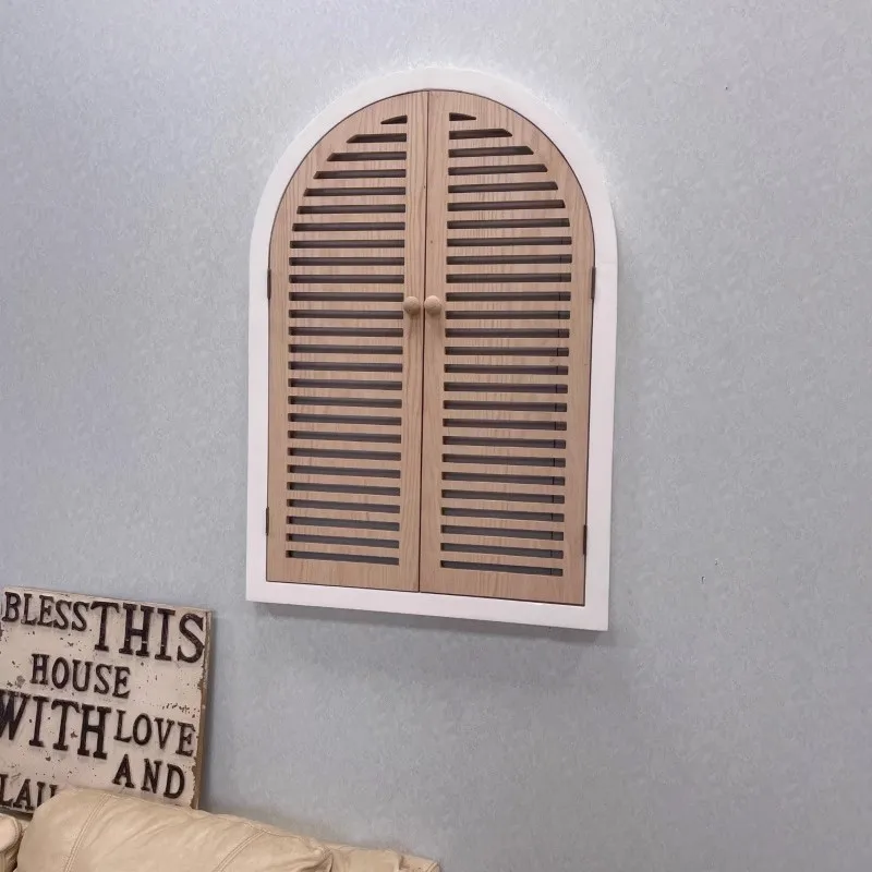 Decorative Arched Window Shutter Cover, Natural Wood, Double Door Design, 66cm x 95cm x 4.5cm, Wall Mount, Farmhouse Style
