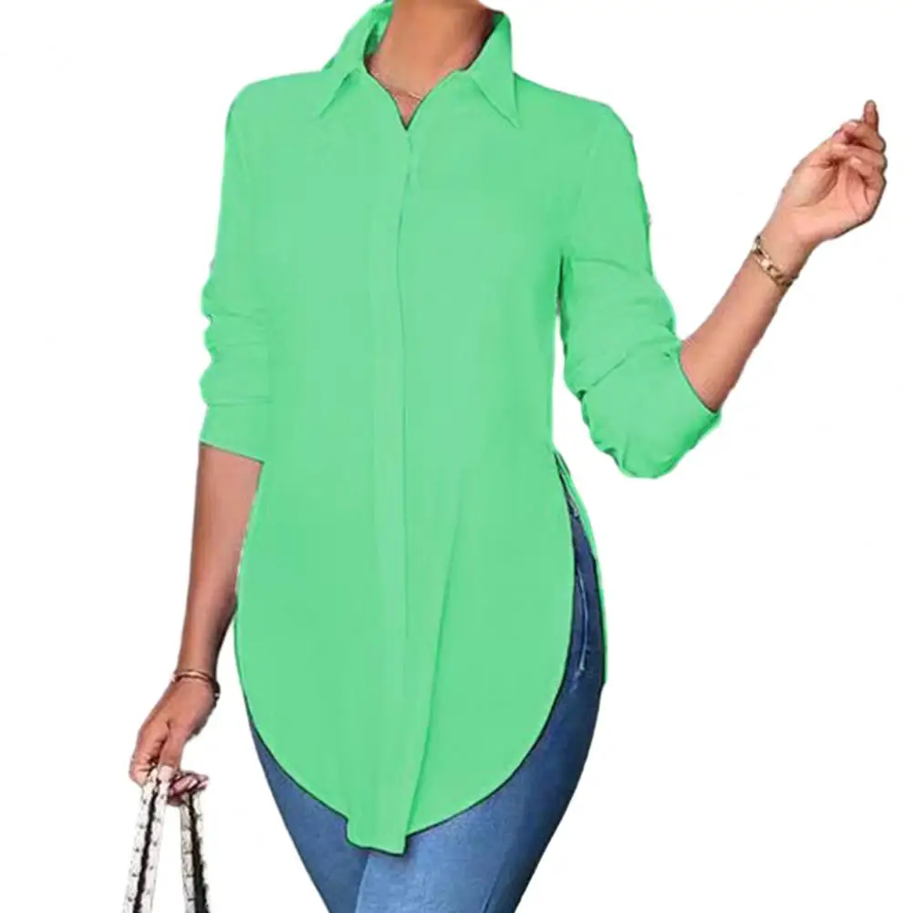 

Solid Color Single Breasted Women's Lapel Shirt Stylish Asymmetrical Hem Long Sleeve Casual Tunic Top for Workwear