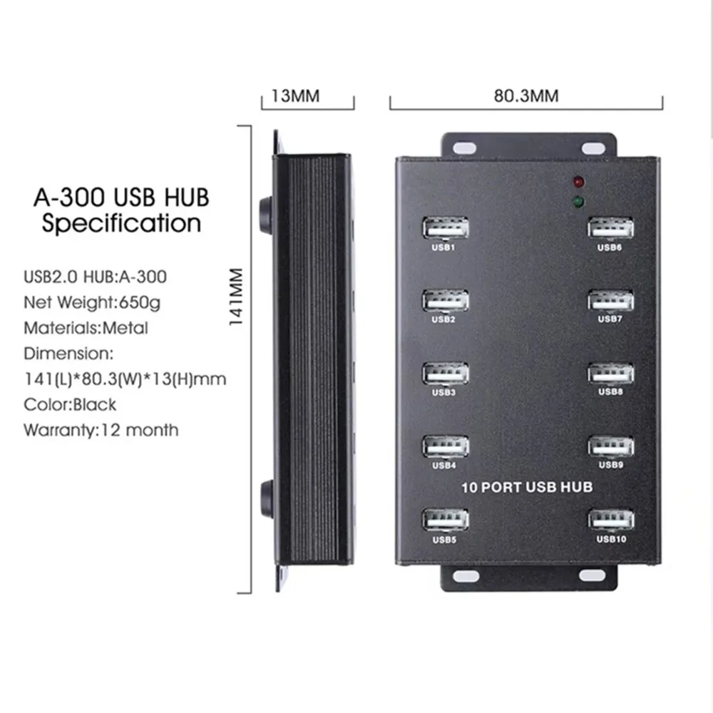 Super Deal -Industrial USB HUB A-300 With 10 Ports For Bitcoin Miner Cryptocurrency Mining EU-PLUG Power Adapter Data Transfer