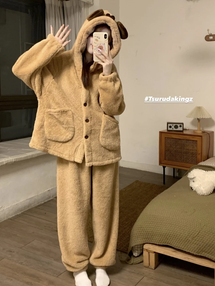 Winter Sleepwear Women Coral Fleece Thickening Pajama Sets Sweety Bear Hooded Vintage Suit 2 Piece Night Wears Home Clothes