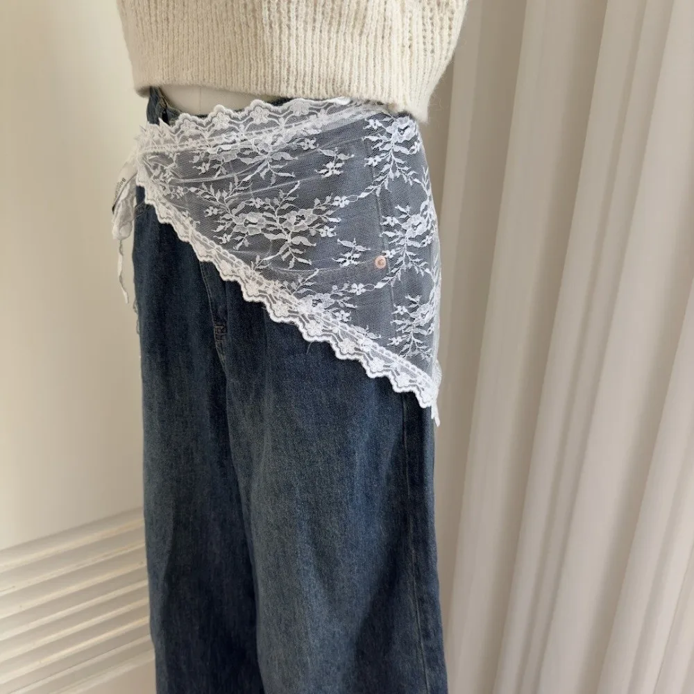 Harajuku Y2K Triangle Apron Flower Korean Style Lace Half Skirt High Waist Lace-up Outwear Mini Skirt Party