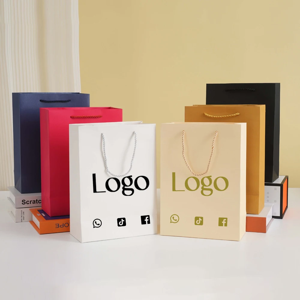 

50Pcs/lot Personalization Business Shopping Paper Bags with Handles Festival Gift Paper Packing Bags One Side Customized Logo