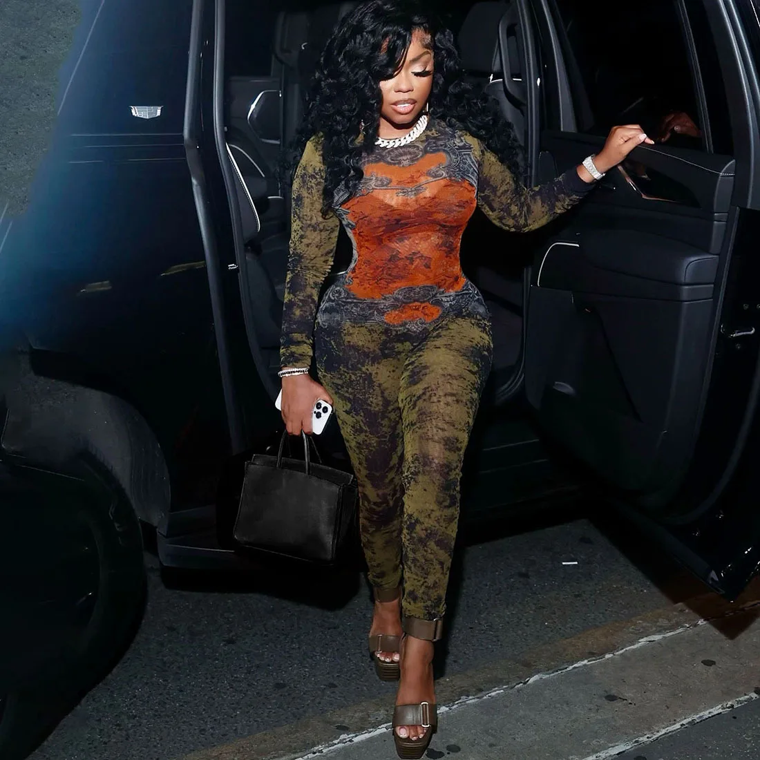 

Sexy Bodysuit Street Trend Digital Print Tight Bodysuit Long Sleeve Slim Fit Bodysuit Urban Edgy Chic Onepiece For Women