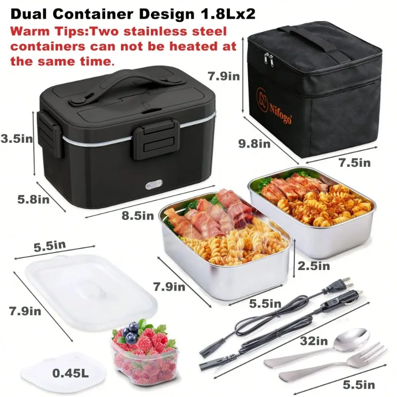 100W Electric Heated Lunch Box, 1.8L 304 Stainless Steel Food Warmer, 12V/24V/110V Dual Use for Car & Home, Portable Leakproof Heating Lunch Container with Insulated Bag for Truck, Office, Travel view 2