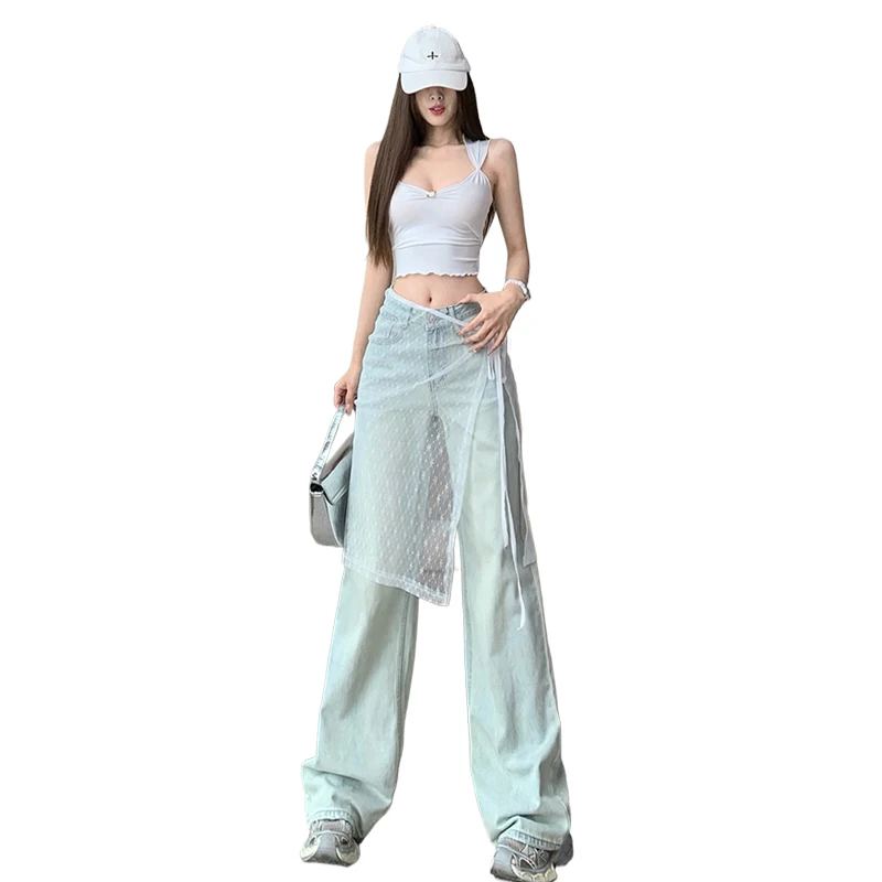 New lace lace mesh fart curtain loose slimming straight leg jeans wide leg pants long pants floor pants