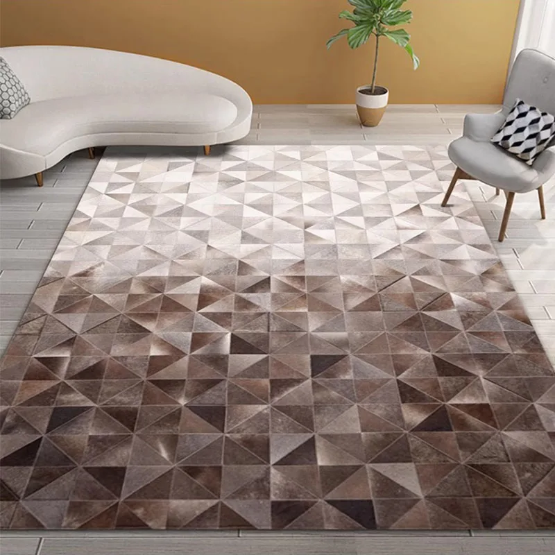 Real Cowhide Carpet Living Room Bedroom Handmade Stitching Genuine Cow Leather Rug Modern 3D Geometry Floor Study Table Door Mat