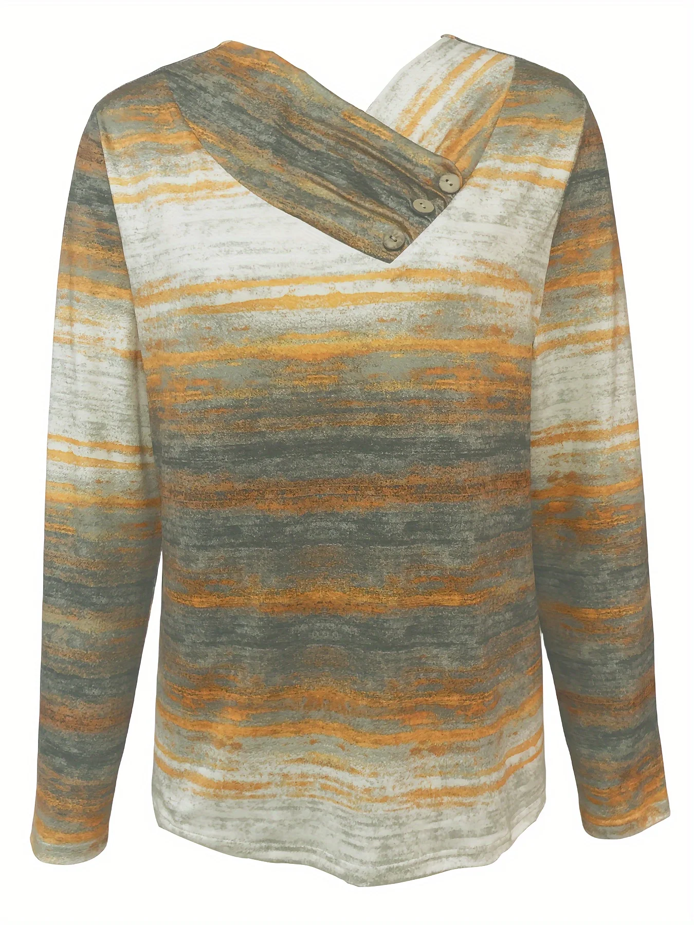Women Fashion Striped Printed Tee Shirts Elegant Basic O Neck Full Long Sleeve Buttons Decorate T-Shirts Casual Knitted Top