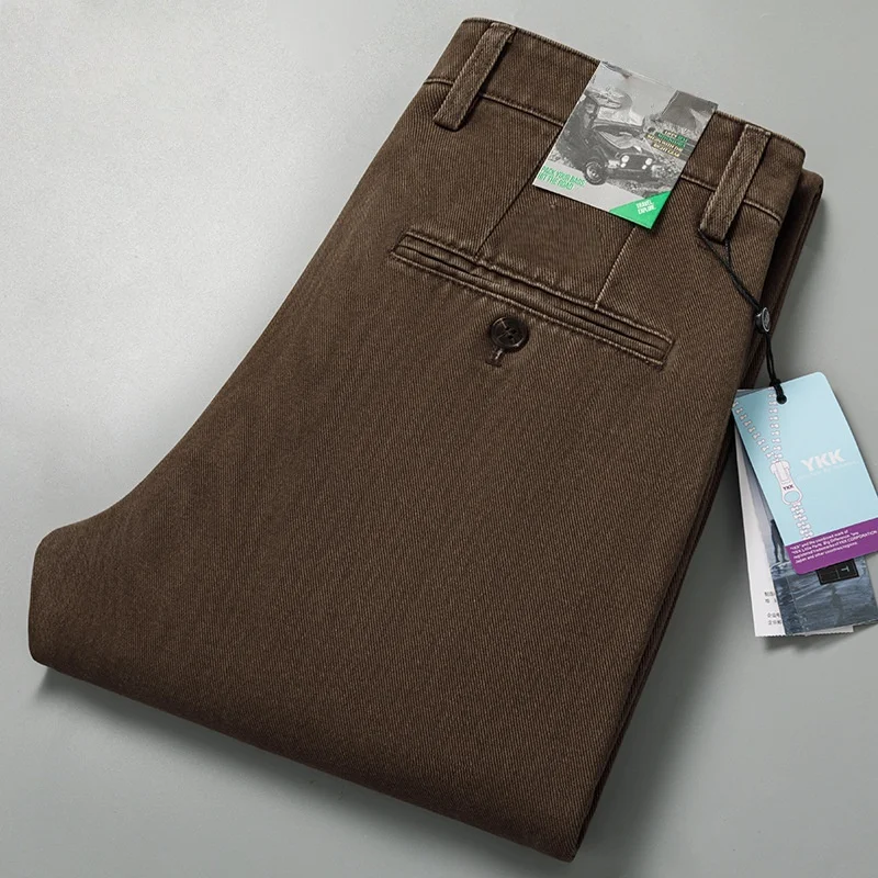

Thicken Autumn Winter Pants Man Straight Loose Mid Rise Black Brown Denim Casual Trousers For Men Size 40 42 44