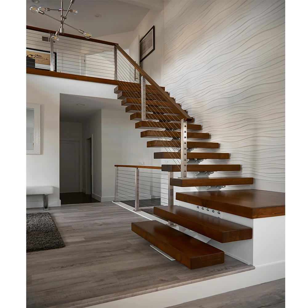 Personalizzazione Prezzo economico Scala galleggiante moderna Scala a sbalzo nascosta per ingresso a parete con gradini in legno con gradini in vetro