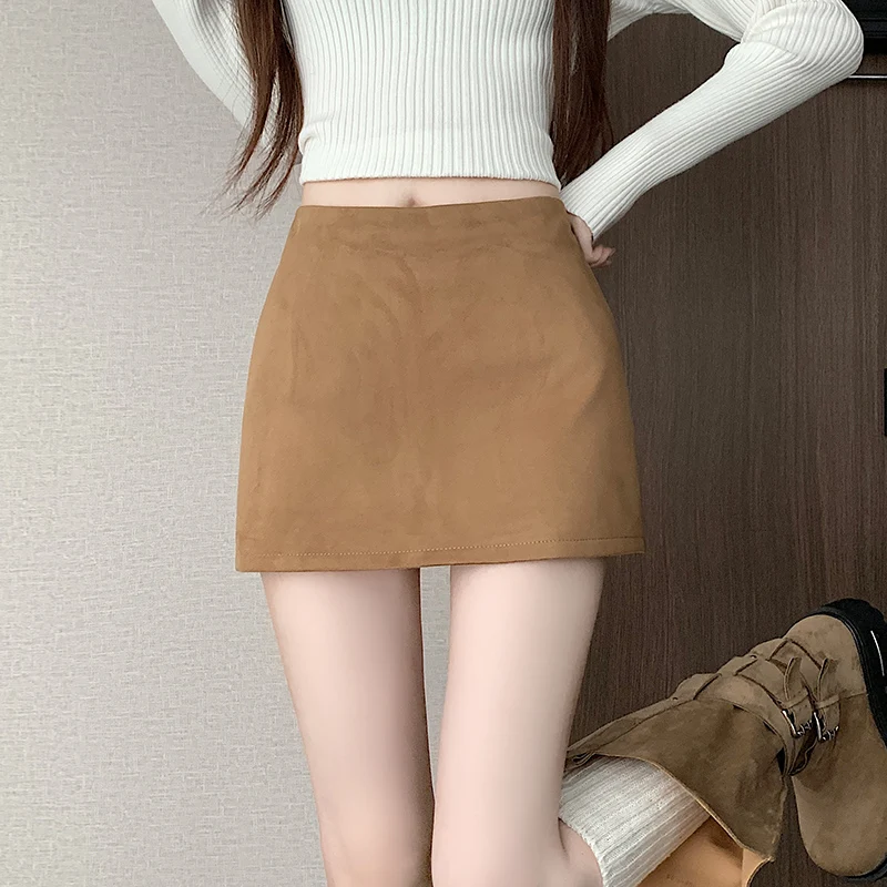 High Waist A-Line  Skirt Women's Autumn Winter Leather Velvet Short Skirt Slit Design Comfortable Breathable Casual Skirt
