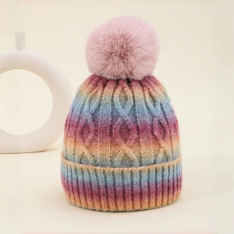Gradient Blue Cable Knit Beanie With Fluffy Pom‑pom Women Winter Warm Soft Knitted Skull Cap Outdoor Thermal Hat