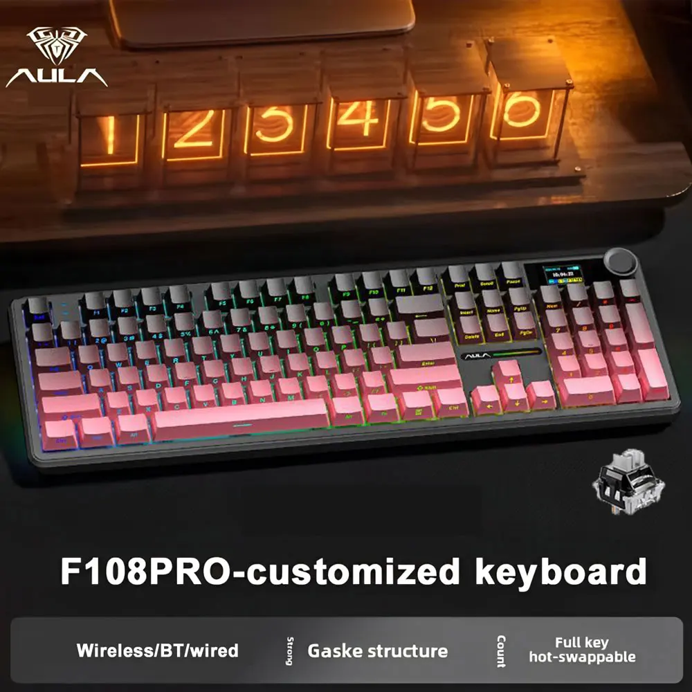 AULA F108 Pro Gaming Mechanical Keyboard Tri Mode Custom Multi-Knob Screen RGB Esports Wireless Keyboard with TFT Smart Display