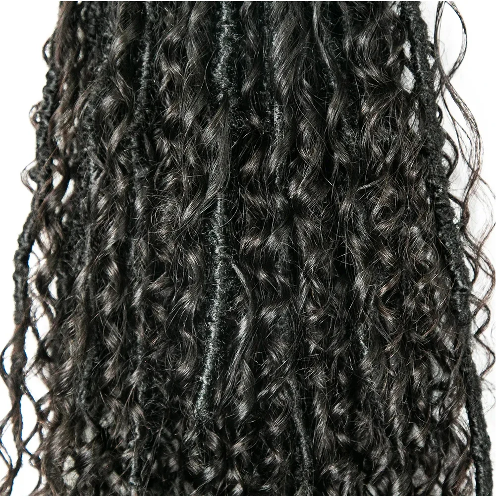 Ganchillo Boho Locs con rizos de cabello humano, trenzas preenrolladas sin nudos, cabello trenzado de diosa sintética con extremos rizados de cabello humano