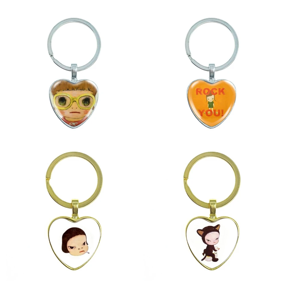 

Creative Yoshitomo Nara Keychain Glass Cabochon Heart KeyRing Bag Car Key Chain Ring Holder Charms Jewelry Gifts