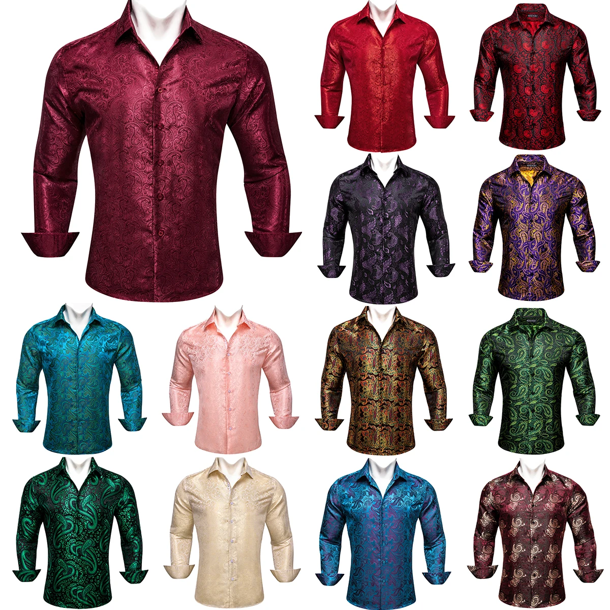 Luxury Mens Shirts Silk Long Sleeve Red Blue Green Gold Pink Purple Paisley Slim Fit Male Blouses Casual Tops Barry Wang