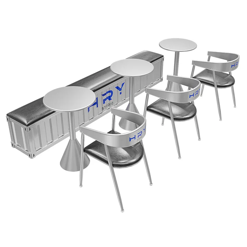 

Modern Silver Industrial Style Dining Table and Chair Set with Leather Sofa Box - Metal Frame Commercial Furniture