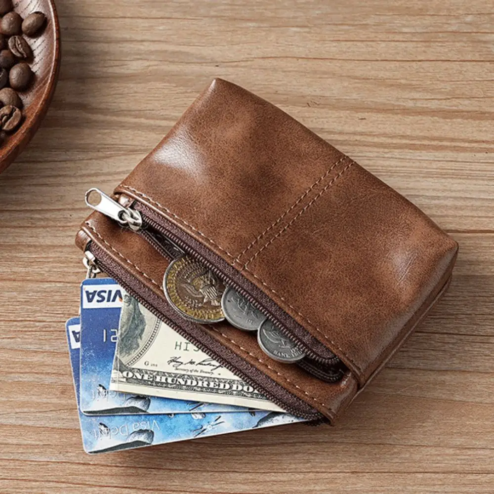 Portfel z ekoskóry PU, zapinany na zamek, w stylu vintage, na monety, jednolity kolor, etui na karty, unisex