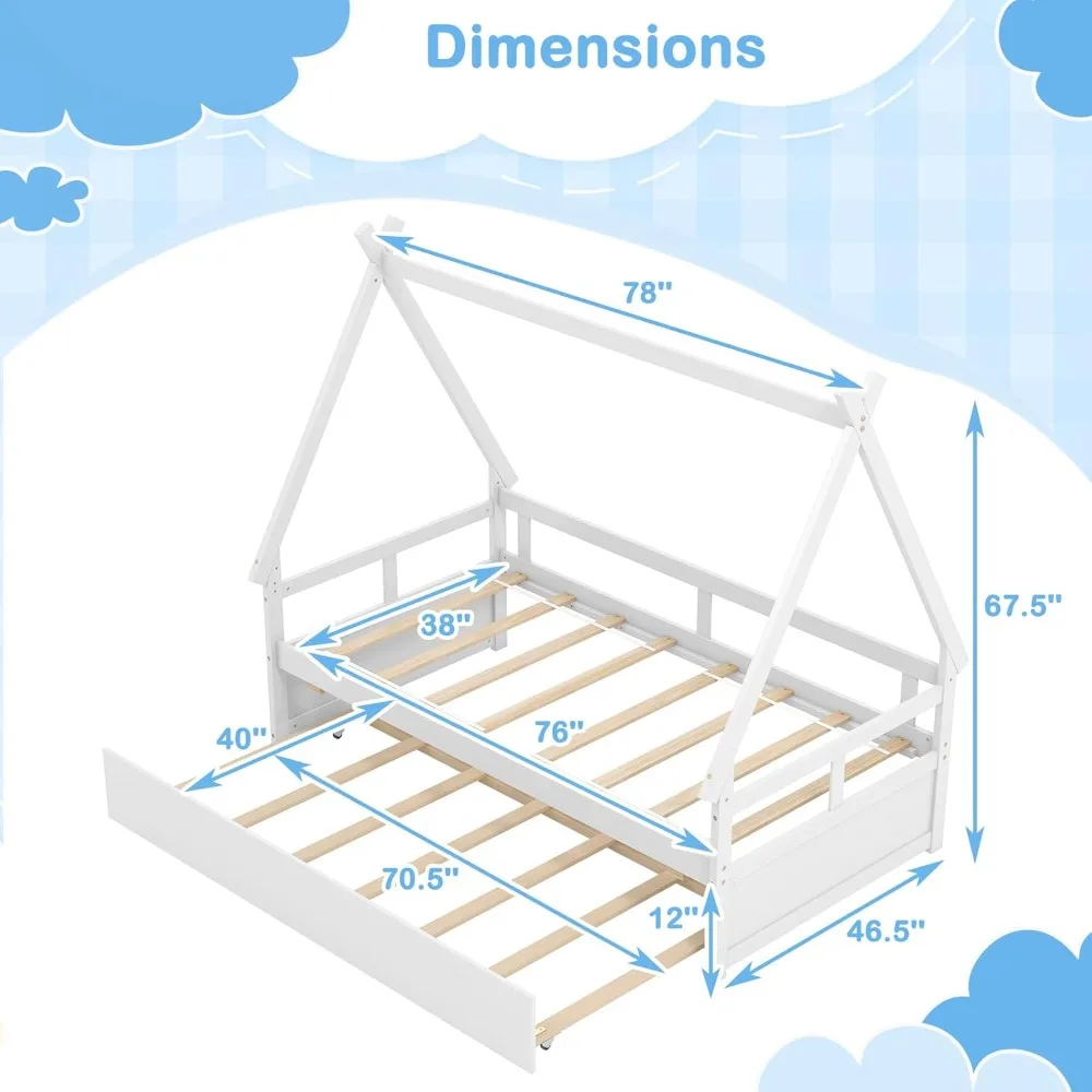 سرير منزلي خشبي مزدوج الحجم مع دولاب، سرير نهاري للأطفال بإطار من الخشب الصلب، سقف، درابزين أمان ودعم شريحة خشبية، P