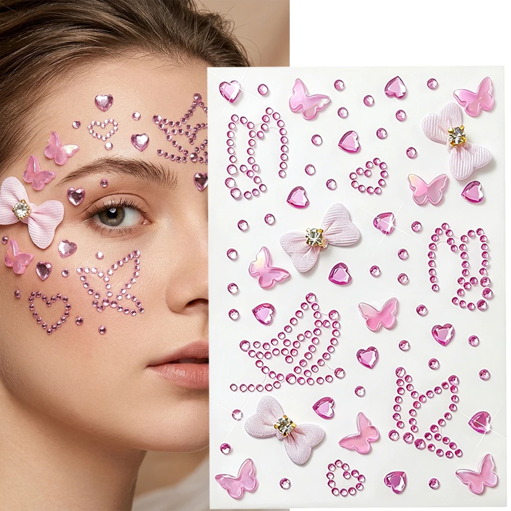 

3D Cute Pink Diamond Butterfly Heart Face Stickers Self-adhesive Bow Butterfly Face Body Rhinestones Party & Festival Makeup #4W