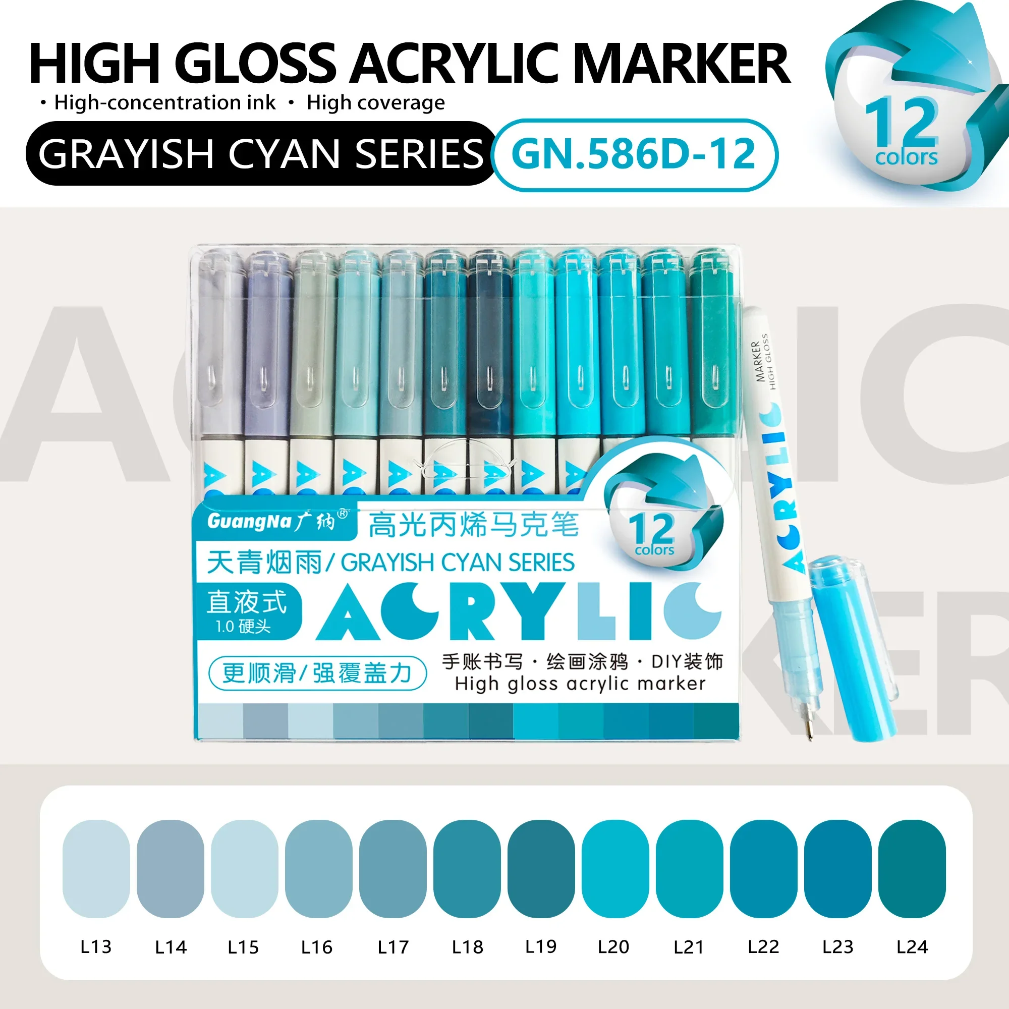 GuangNa 168/12 Kleuren Hoogglans Acrylmarker Set - Premium Direct Liquid Verfpennen voor Kunst, Schilderen, Handlettering & DIY