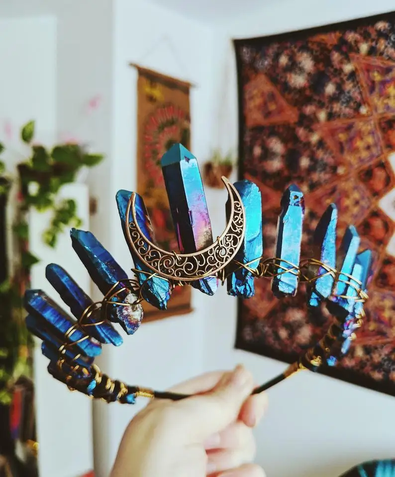 إكسسوارات شعر يدوية الصنع من الأحجار الطبيعية الرمادية، تاج كريستالي للزينة وفقًا للفنغ شوي، مجوهرات إبداعية عصرية #3