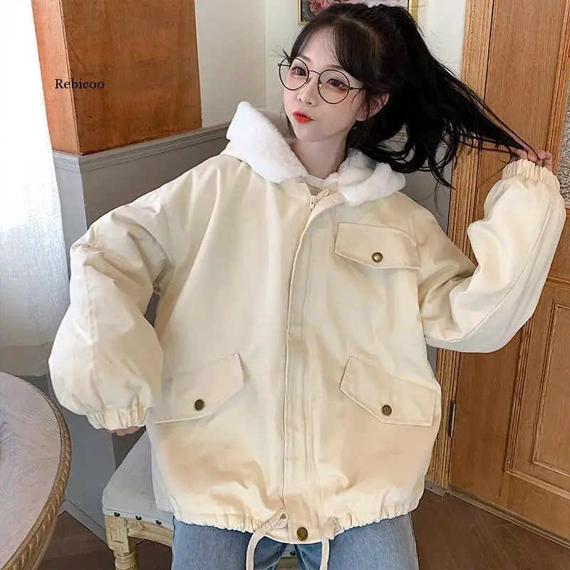 

Short Style Parkas Women Hooded Cargo Loose Thick Winter Warm Soft Kawaii Retro Preppy Style Young Teens Fashion Velvet