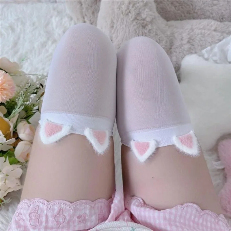 Japanese JK Uniform White Stockings Fuzzy Kitten Ears Thigh High Socks Lolita Lingerie Aesthetic Slimming Long Socks Cat socks