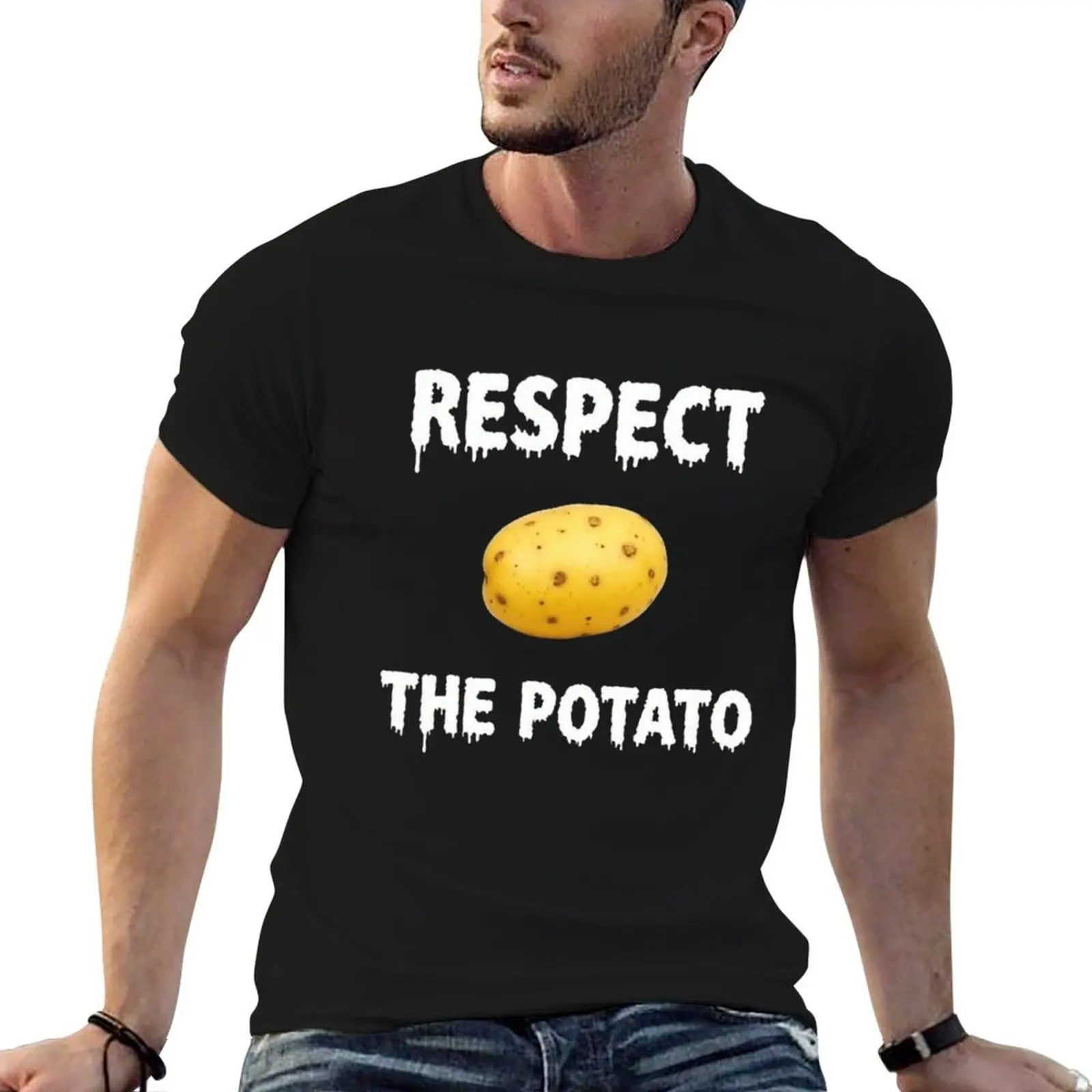 T-shirt à manches courtes décontracté et minimaliste avec citation audacieuse « Respect The Potato Meme »
