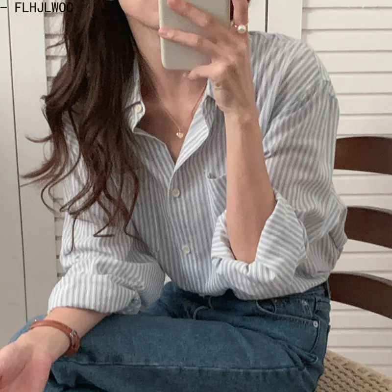 Chic Korea Cute Sweet Girls Basic Striped Boyfriend Shirts Blouses Women Japan Preppy Style Single-Breasted Button Retro Tops