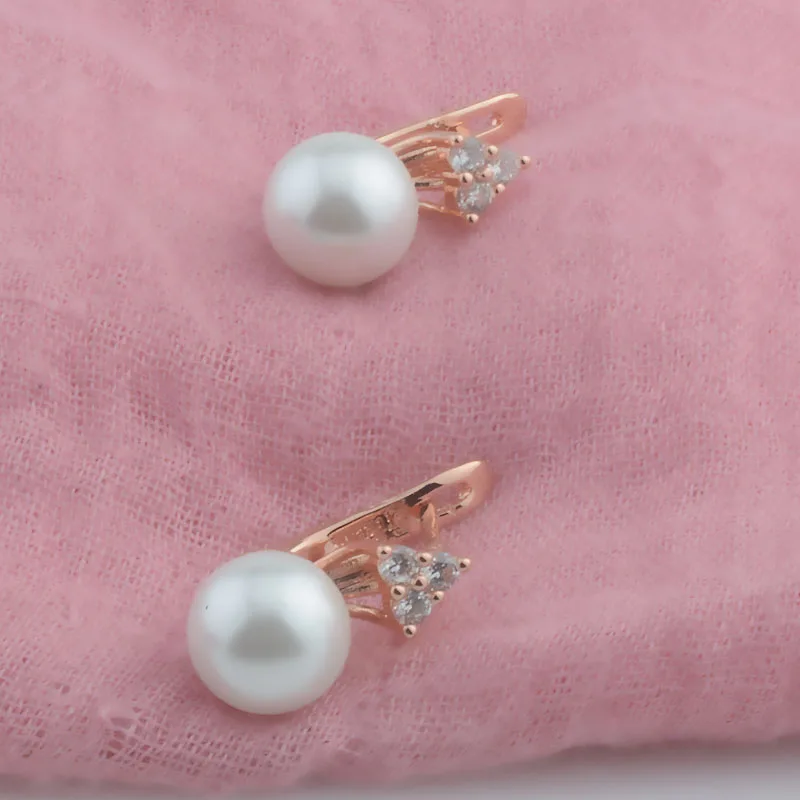 FJ Women 585 Rose Gold Color 10mm Simulated Pearl Crystal Drop Jewelry Earrings