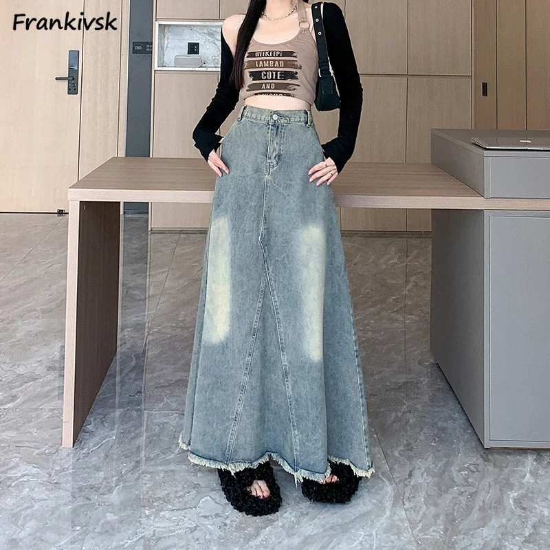 

Skirts Women Vintage Fashion Raw Edge All-match Casual Spring Korean Style Daily Simple Blue College Elegant Gradient Color New