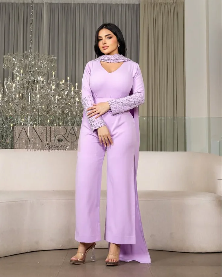 Lilac Lavender Jumpsuit Evening Formal Dresses with Ribbon Long Sleeve Crystal Beaded Customized Jersey Prom Gown Pant Suit