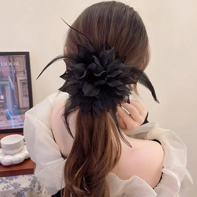 39BD Große, flauschige Blumen-Haargummis, Feder-Haargummi, Kopfbedeckung, elastisches Haarseil – Detail 2