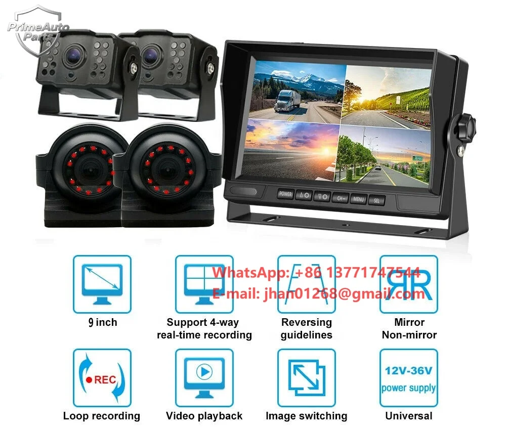 

IPoster for Track RV Caravan Bus Trailer 9" Quad Split IPS Screen Monitor with Loop Recording and 4 Iron Rearview Cameras Kit