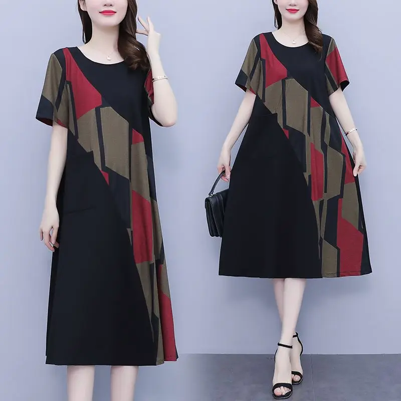 Women Summer Vintage Loose Fashion Large Size Printing Patchwork O-neck Short Sleeve Midi Dress Ladies Appear Thin A-line Skirt