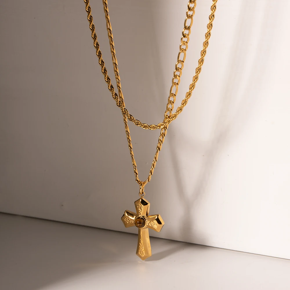 Liquid Pleated Cross Double Layered Pendant Necklace Crucifix Stainless Steel 18K Gold Plated Spiral ​Christian Jewelry