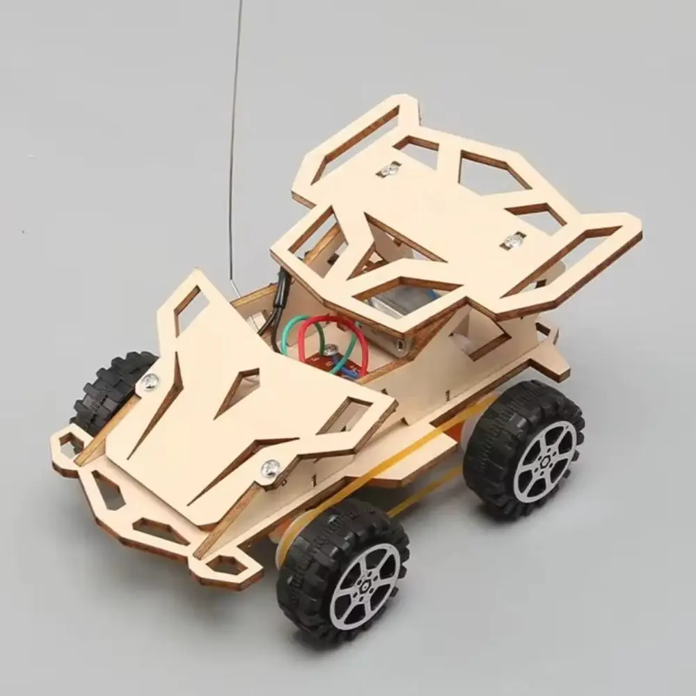 New Wooden DIY Car Model Wood Color 3D Assemble Electric Four Wheel Drive Racing DIY Wooden Car Toy