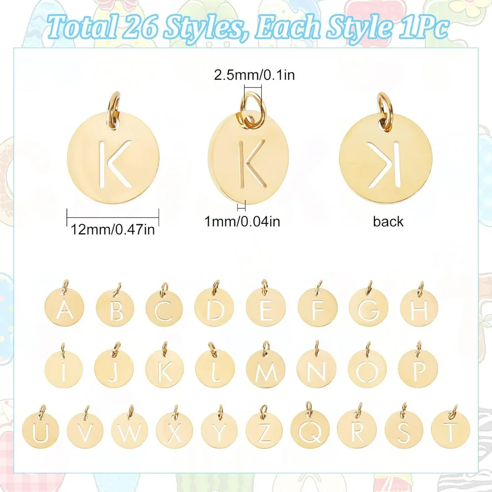 1 กล่อง 26 ชิ้นตัวอักษร Charms 304 สแตนเลสสตีลตัวอักษร Charms Gold Letter Charm ตัวอักษรเริ่มต้น Z Hollow แบนชุดทํา