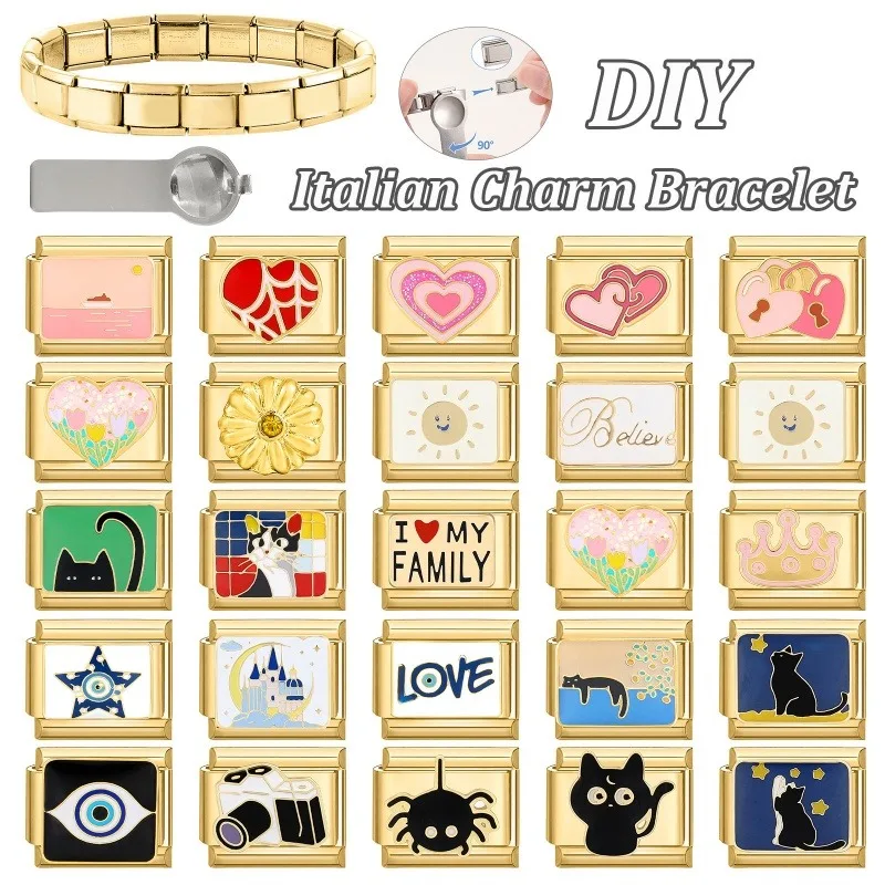 Y2K צבע זהב שחור חתולים לב שד עיניים פרחים צ'ארם איטלקי קישורים מתאימים לצמיד פלדת אל-חלד לגברים ונשים עשייה בעצמך