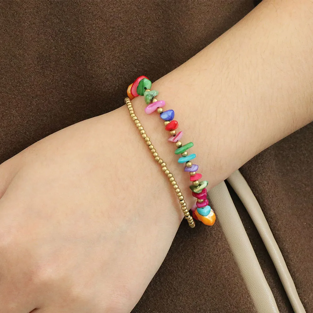 18-18.5cm Bohemian Natural Stone Crystal Chip Bracelet for Women Rose Quartz with Bell Decoration Bracelet Jewelry Accessories