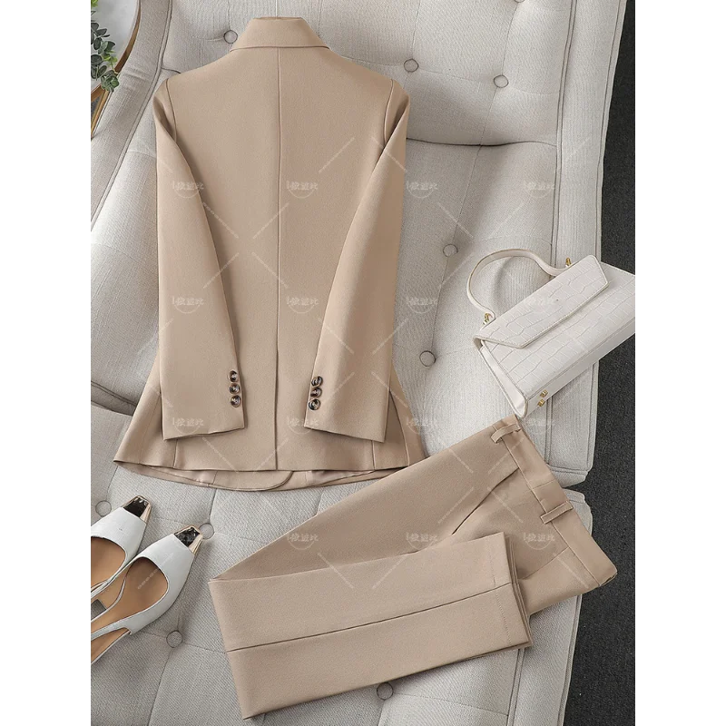 Fashion Ladies Pant Suit Women Business Work Wear Blazer And Trouser Black Khaki Brown Beige Formal 2 Piece Set With Pocket