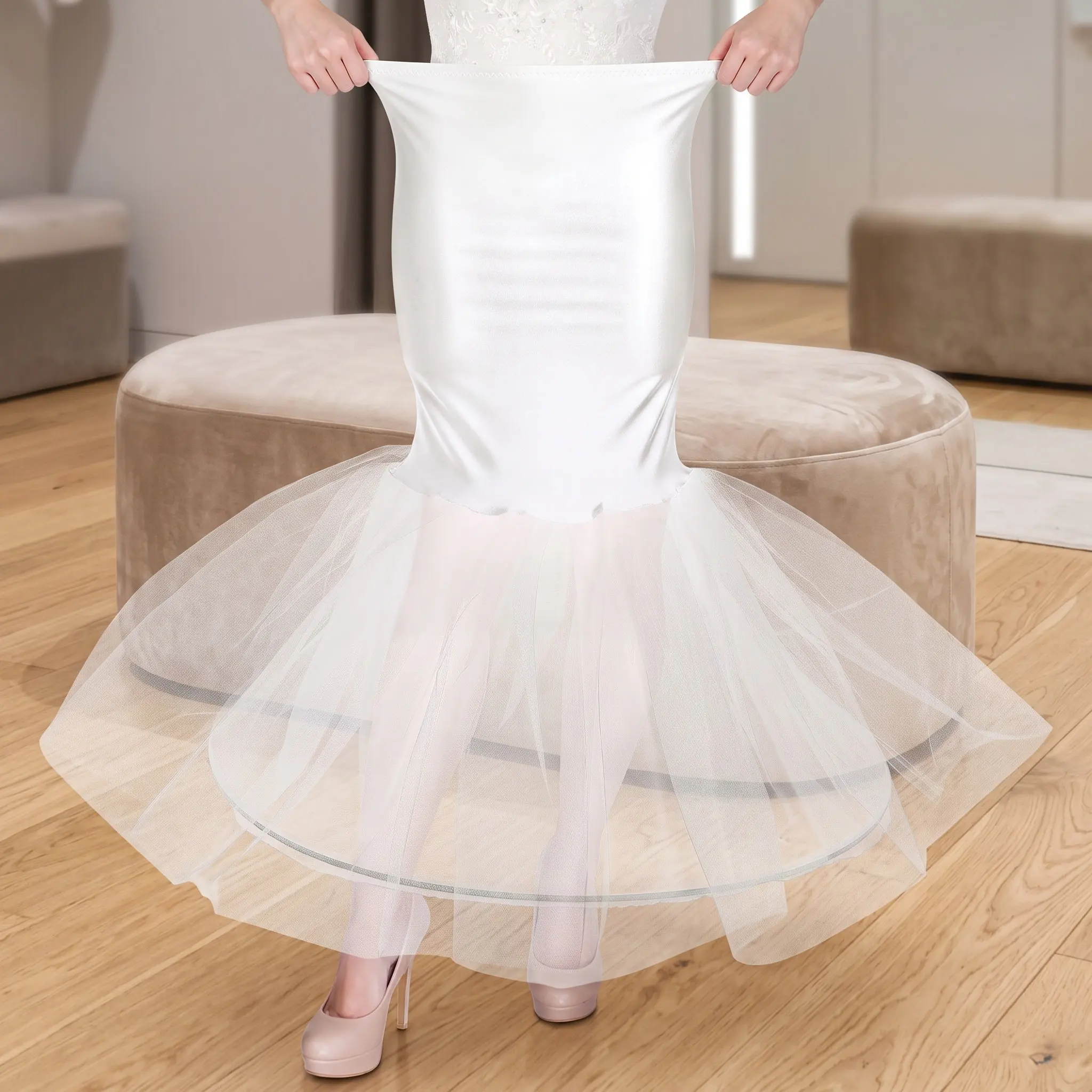 White Wedding Petticoat Polyester Underskirt Adjustable Waist Full Single Layer Girl Dress Keeper Bridal Ball Gown Formal Dress