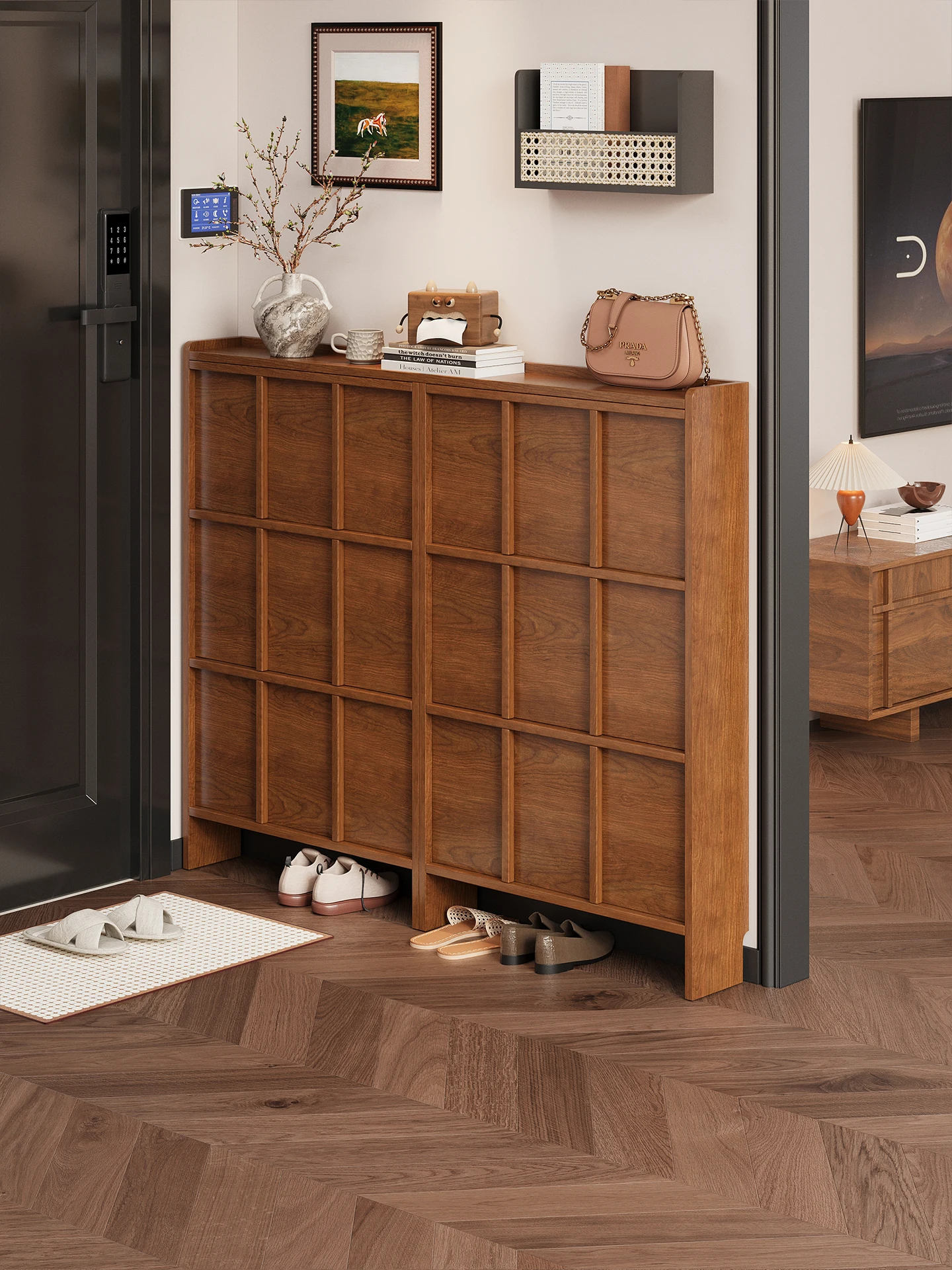 Ultra-thin shoe cabinet, small narrow door tipping bucket shoe cabinet, new retro solid wood skeleton line storage cabinet