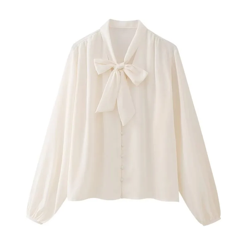 Beige Chiffon Shirt 2024 Spring/Summer New Product Women's Light Mature Fashion Bow Long sleeved Shirt